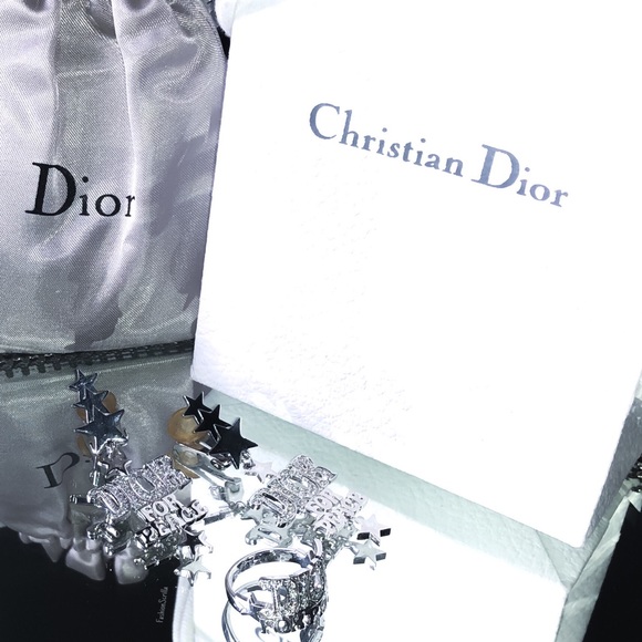 Vintage Christian Dior 70’s Silver Diamanté Crystal Dior For Peace Logo Earrings - Picture 3 of 15